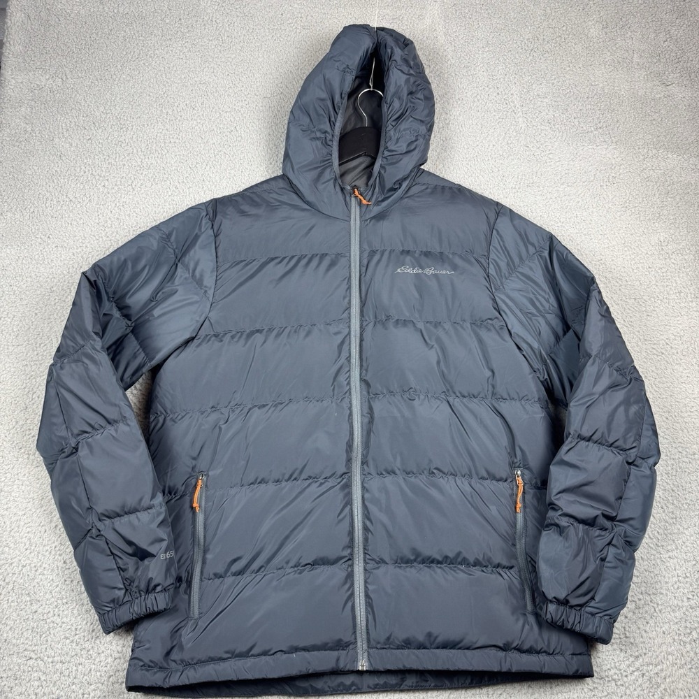 Eddie Bauer Jacket Mens Size Large Blue Wide Channel Hooded Down Puffer EB650